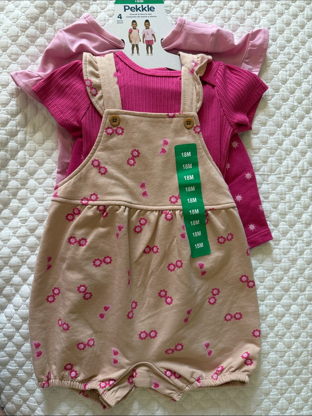 Pekkle Pink Floral Beige Overall Romper Set